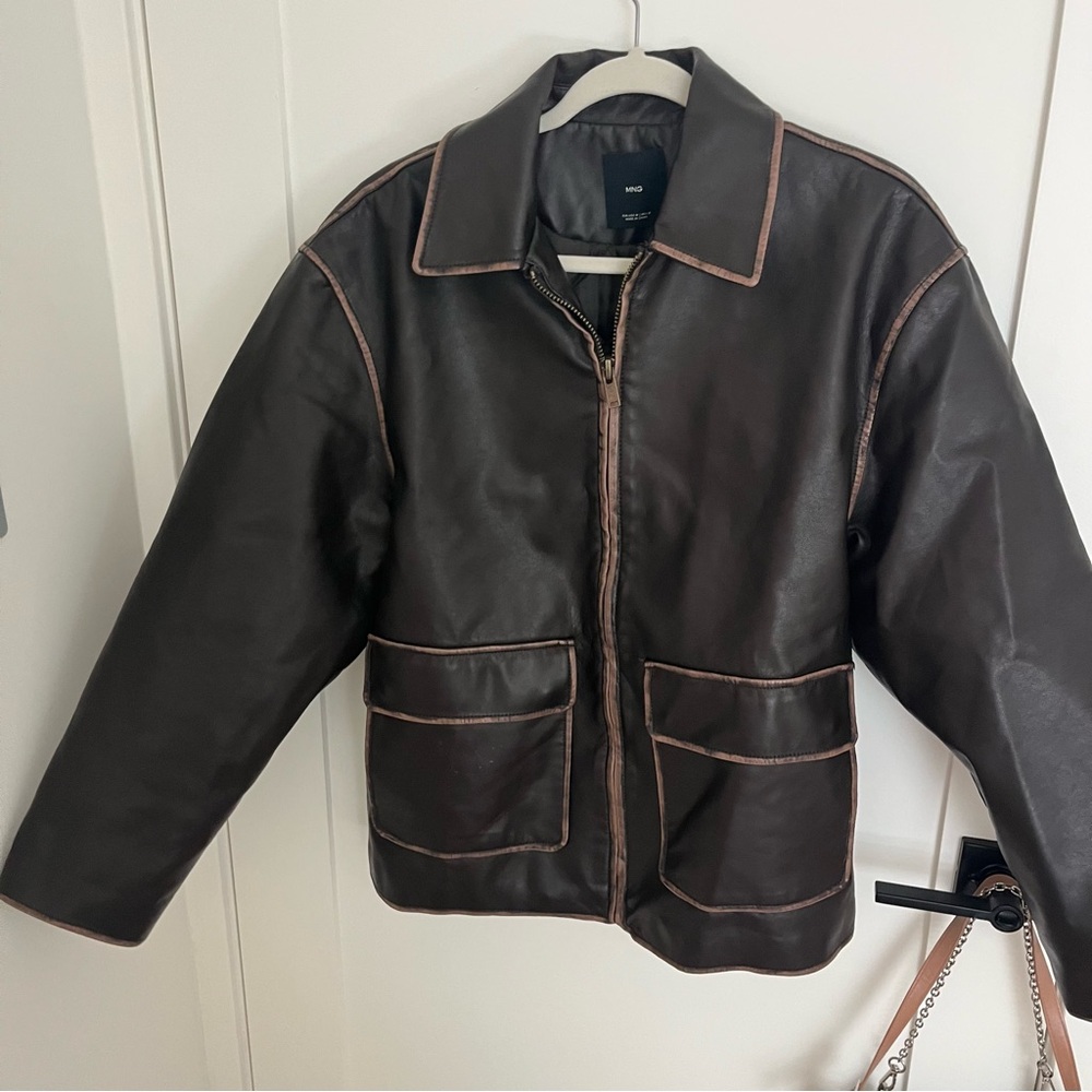 Mango Oversized Dark Brown Leather Jacket Size Medium
